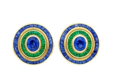 Pair of Gold, Sapphire and Emerald Earclips