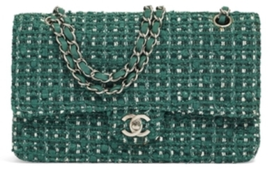A GREEN TWEED MEDIUM DOUBLE FLAP BAG WITH SILVER HARDWARE, CHANEL, 2006