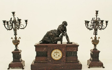 IMPRESSIVE 3 PC. SIGNED FRENCH MARBLE AND BRONZE CLOCK