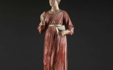 ITALIE CENTRALE, FIN DU XVe SIÈCLE Jeune Femme au livre Sculpture en ronde bosse de bois évidé, polychromé et doré