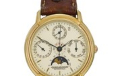 JAEGER-LECOULTRE | A YELLOW GOLD AUTOMATIC CENTRE SECONDS PERPETUAL CALENDAR WRISTWATCH WITH MOONPHASES AND 24-HOUR INDICATION REF 166.7.80 NO 0508 CIRCA 1995