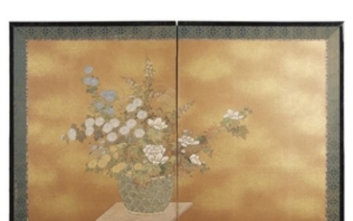 A Japanese two-fold screen 19th/20th century Ink, colour and...