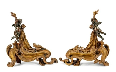 A Pair of Louis XV Style Patinated Bronze Chenets