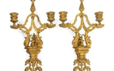 A Pair of Neoclassical Gilt Bronze Two-Light Sconces