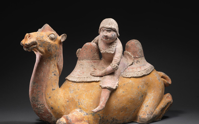 A painted pottery model of a Bactrian camel and rider