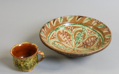 Polychrome Glazed Redware Cup and Bowl