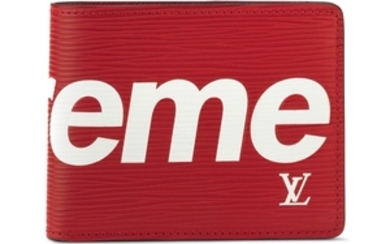 A RED & WHITE EPI LEATHER BILLFOLD WALLET BY SUPREME, LOUIS VUITTON, 2017