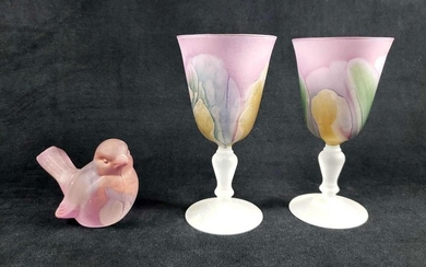 Set of 3 Nouveau Art Glass Hand Painted by Rueven