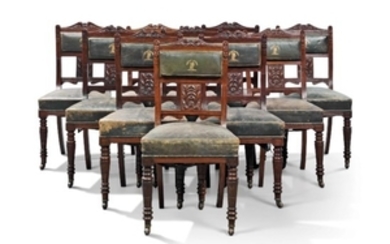 A SET OF TEN LATE VICTORIAN OAK DINING CHAIRS, RETAILED BY WILLIAM WHITELEY, LATE 19TH CENTURY