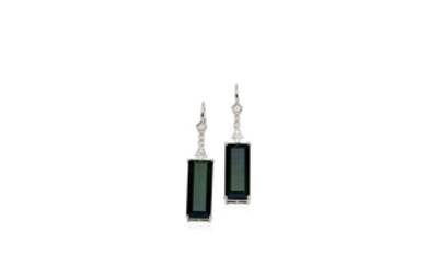 A pair of tourmaline and diamond pendent earrings