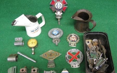 Two half pint oil pourers, car badges to comprise: RAC, Tune Up Club, Order Of The Road, ACI and Swiss Club together with...