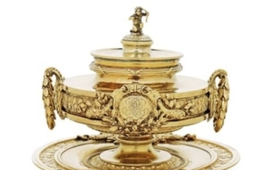 A FRENCH SILVER-GILT CAVIAR-DISH, COVER AND STAND, MARK OF HENRI GAUTHIER, PARIS, CIRCA 1902, RETAILED BY CARTIER