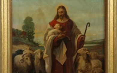 OIL ON CANVAS, H 36", L 27.5", JESUS WITH A LAMB