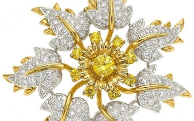 55041: Diamond, Yellow Sapphire, Platinum, Gold Brooch