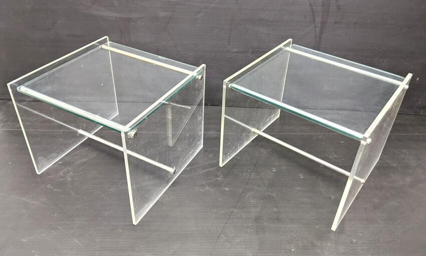 70s Modern Lucite Chrome and Glass Side Tables.