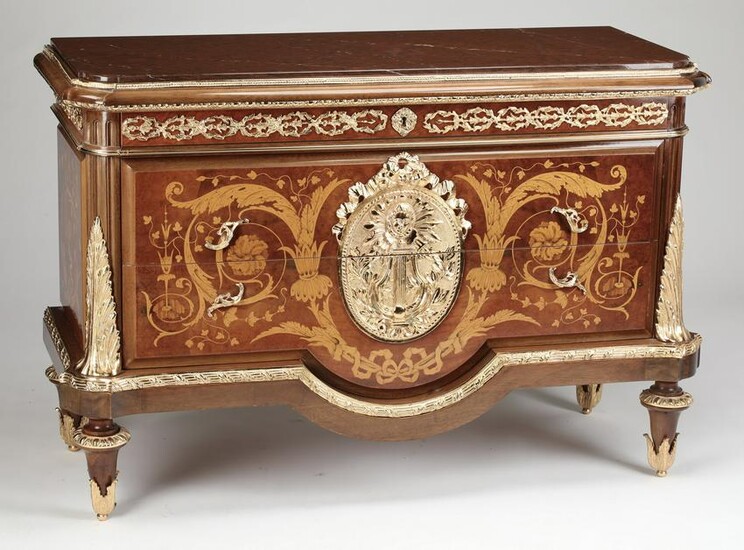 Louis XVI style marquetry commode w/marble top, 52"w