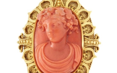 Gold and Carved Coral Cameo Brooch