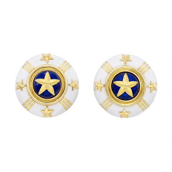 Pair of Gold and White and Blue Enamel Earclips, Cellini