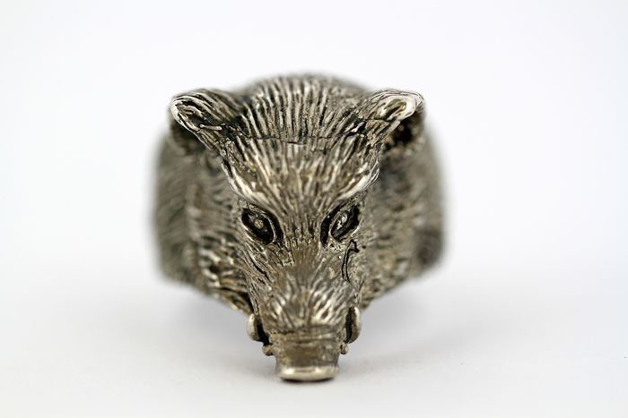 925 Silver - Vintage sterling silver men's ring in the shape of a boars head