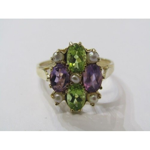 9ct YELLOW GOLD SUFFRAGETTE STYLE RING, amethyst, peridot an...