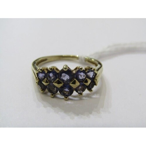 9ct YELLOW GOLD TANZANITE CLUSTER RING, 2 rows of graduated ...