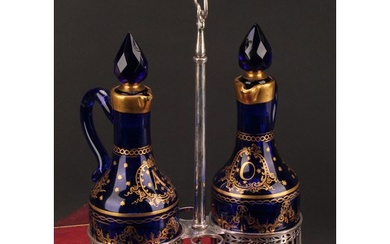 A 19th century Belgian silver two-bottle oil and vinegar cru...