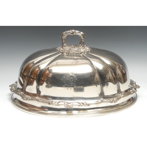 A 19th century fluted meat dome, crested, branch handle, cas...