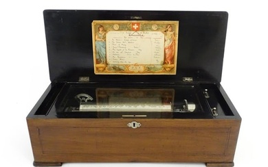A 19thC Swiss rosewood music box with marquetry inlaid decoration to lid, playing 10 airs, by PVF of