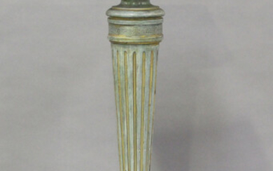 A 20th century green and gilt painted display pedestal with a fluted stem, height 111cm, width 33cm.