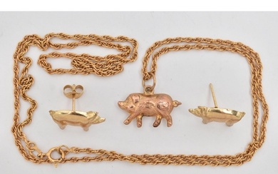 A 9CT GOLD PIG PENDANT A CHAIN AND EARRINGS, hollow textured...