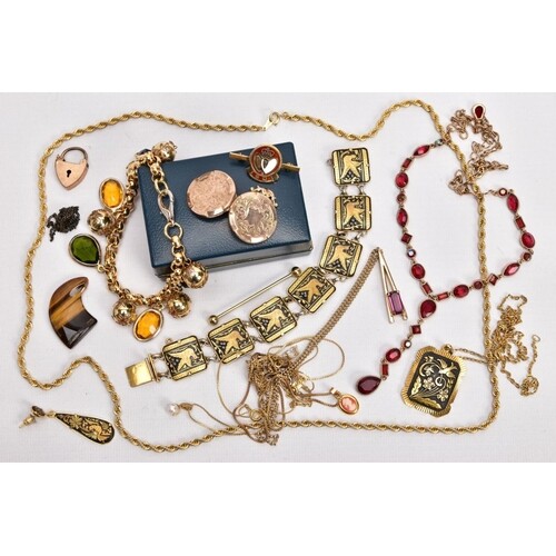 A BAG OF ASSORTED JEWELLERY, to include a yellow metal circu...