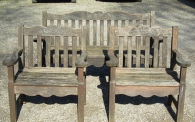 A Bridgman & Co Ltd stained and weathered teak three seat ga...