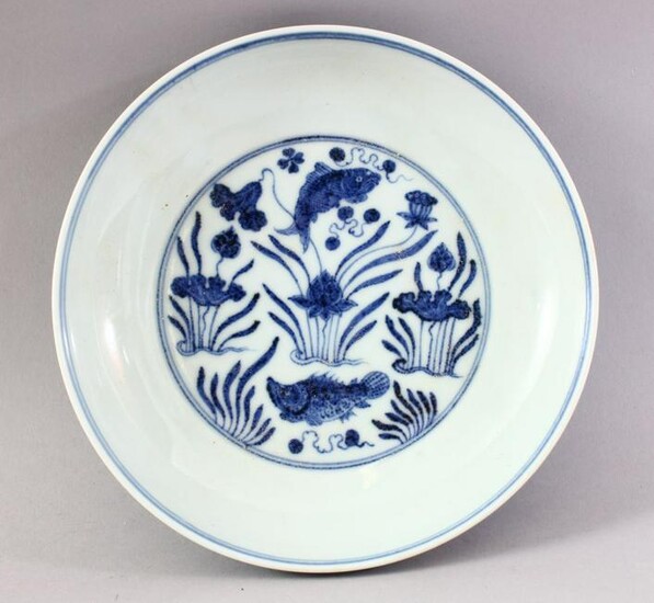 A CHINESE BLUE & WHITE PORCELAIN CARP DISH / PLATE