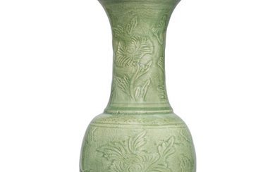 A CHINESE CARVED LONGQUAN CELADON 'PHOENIX-TAIL' VASE, MING DYNASTY, 15TH-16TH CENTURY