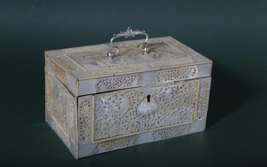 A CHINESE CARVED MOTHER-OF-PEARL RECTANGULAR TEA CADDY. Qing Dynasty, 19th Century. Carved and pierced with panels of large floral blooms to the sides, the top with a central figurative garden scene, the top with a white metal carrying handle, the...