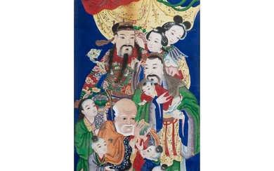 A CHINESE GOUACHE PAINTING ON PAPER OF THE THREE STAR GODS, ...