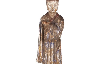 A CHINESE PAINTED WOOD CARVING OF TAOIST IMMORTAL