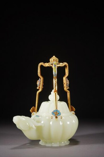 A CHINESE WHITE JADE CARVED 'RAM' MELON EWER
