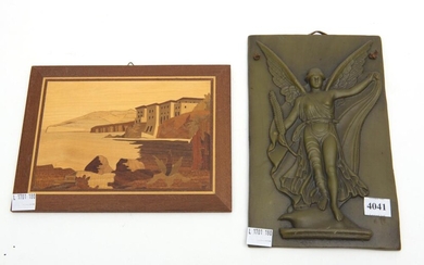 A COMPOSITE CLASSICAL STYLE 'WINGED VICTORY' RELIEF PLAQUE AND A SPECIMEN WOOD PARQUETRY INLAID SEASCAPE PLAQUE