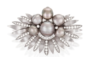 A CULTURED PEARL AND DIAMOND BROOCH, CIRCA 1960 Of fan-shap...