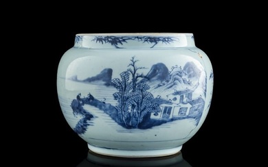 A Chinese blue and white 'landscape' pot, Kangxi period, Qing dynasty