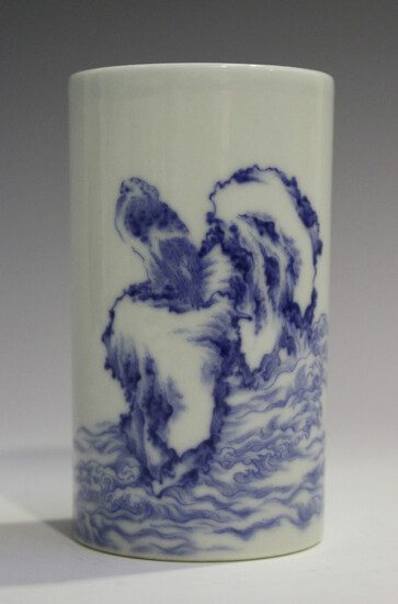 A Chinese blue and white porcelain cylindrical brush pot/vase, mark of Yongzheng but later, painted