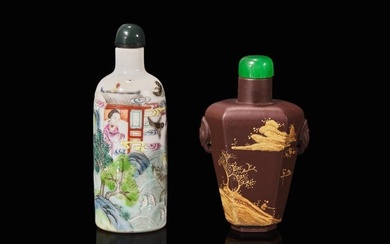 A Chinese famille-rose snuff bottle and a Yixing snuff bottle, Qing dynasty 粉彩及