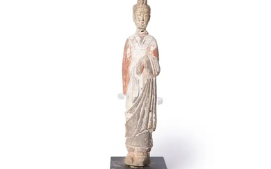 A Chinese painted pottery figure of a standing lady Northern Wei The...