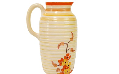 A Clarice Cliff Orange Hydrangea pattern 563 Greek shape jug.