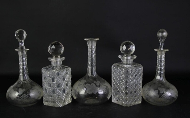 A Collection of 5 Cut Glasses Decanters (One Stopper Missing, some losses)