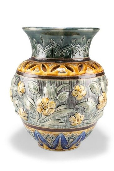 A DOULTON LAMBETH LARGE STONEWARE VASE, moulded with