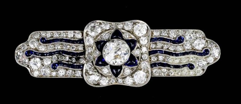 A Diamond and Sapphire Rectangular Brooch, 20th Century, in...