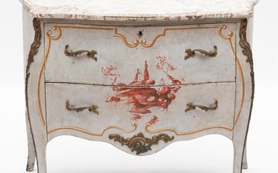 A FRENCH CHINOISERIE BOMBE COMMODE WITH PAINTED SCENES AND ORMOLU MOUNTS, 87.5CM H X 111CM L X 50CM D
