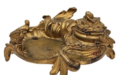 A French Gilt Bronze Inkwell Signed Kinsburger With 2 Birds